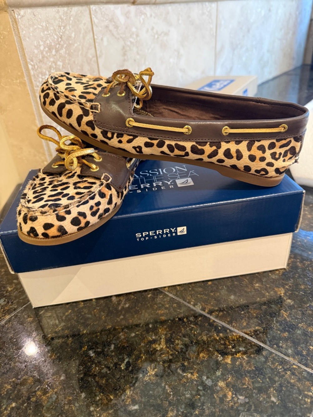 Sperry Leopard Print Pony Hair Moccasins with Brown Trim - Picture 3 of 5